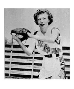 A woman in white and black baseball uniform holding a glove.