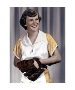 A woman in an apron holding a baseball glove.