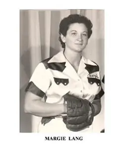 A woman in a baseball uniform with a glove.